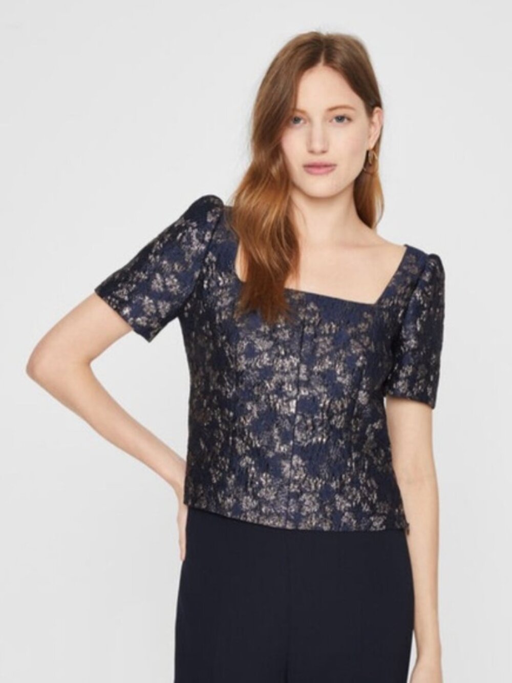 Club Monaco Brocade Puff‎ Sleeve Chemise Floral Navy Gold Recycled Size 6 - NWT